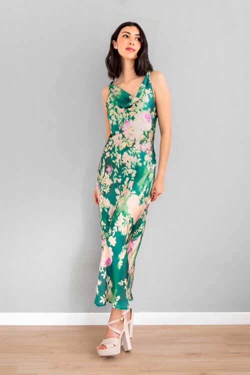 Vestido Print Escote Caido Verde