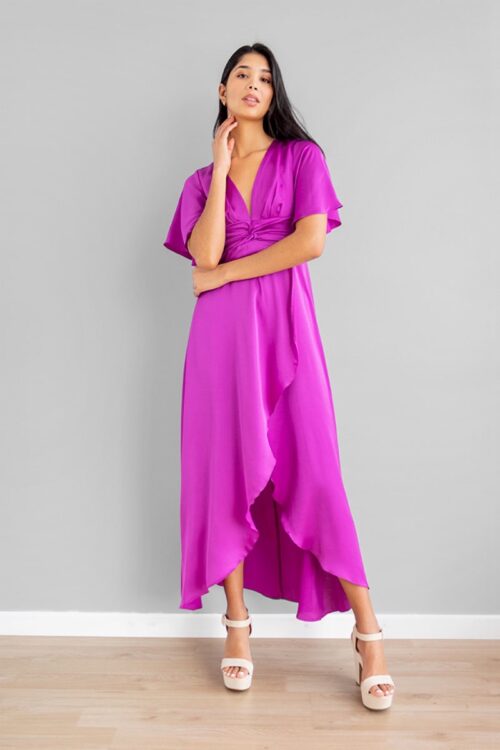 Vestido Nudo Frente Manga Corta Magenta
