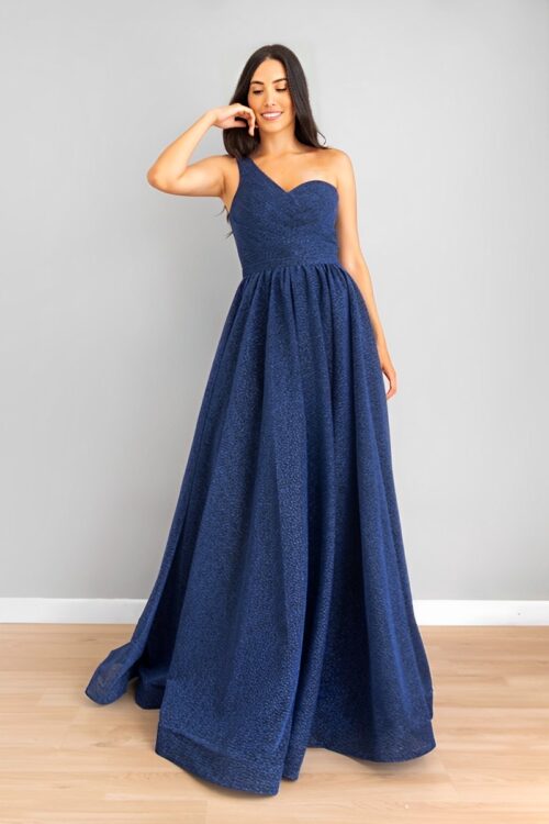 Vestido Falda En A Un Solo Hombro Brillo Azul