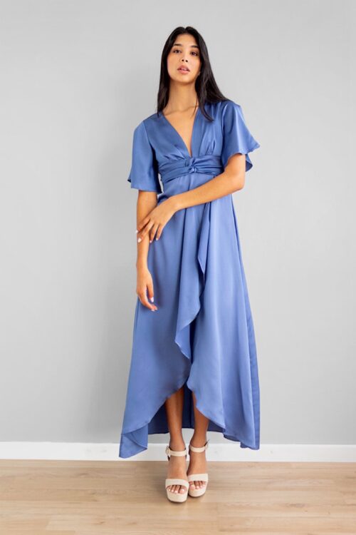 Vestido Nudo Frente Manga Corta Rosa Azul