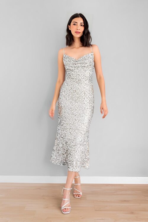 Vestido Recto Lentejuelas Plateadas -50%