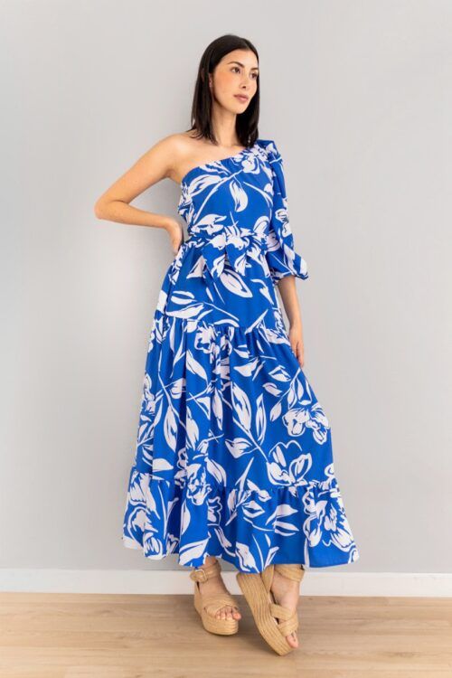 Vestido Asimetrico Estampado Con Lazo Azul