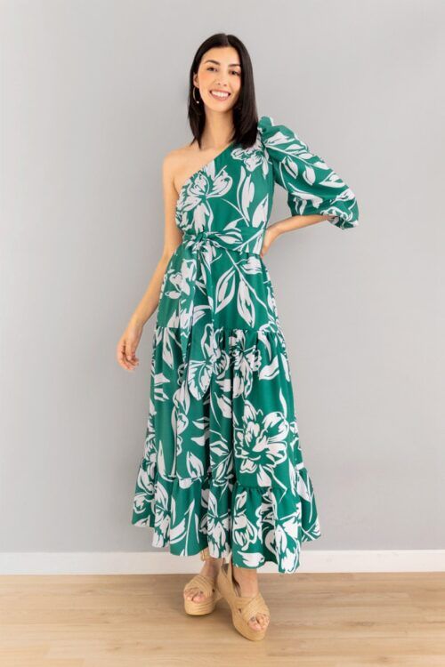 Vestido Asimetrico Estampado Con Lazo Verde