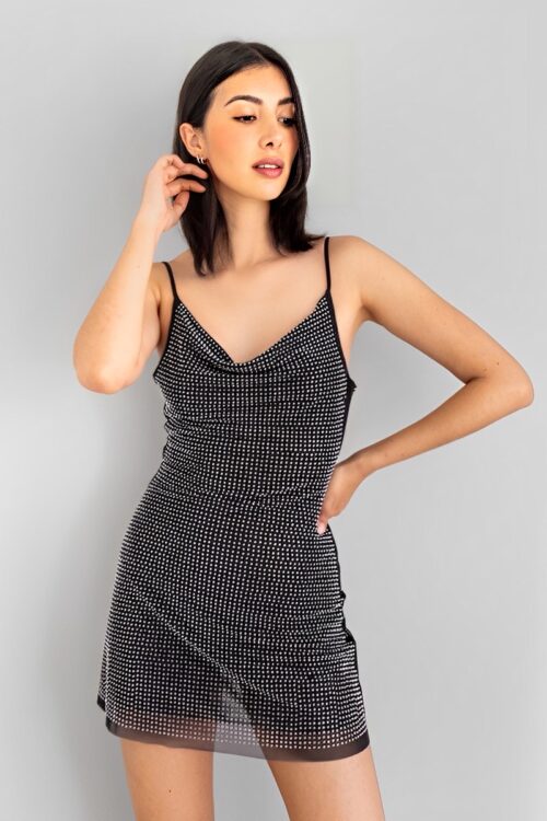 Vestido Corto Negro Brillos Plata