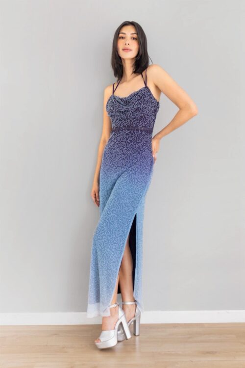 Vestido Brillo Bordado Degrade Azul -50%