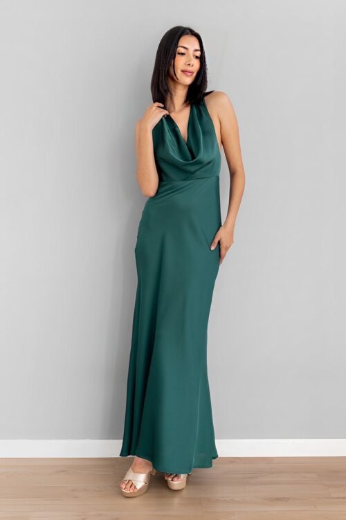 Vestido Escote Caido En Satin Verde