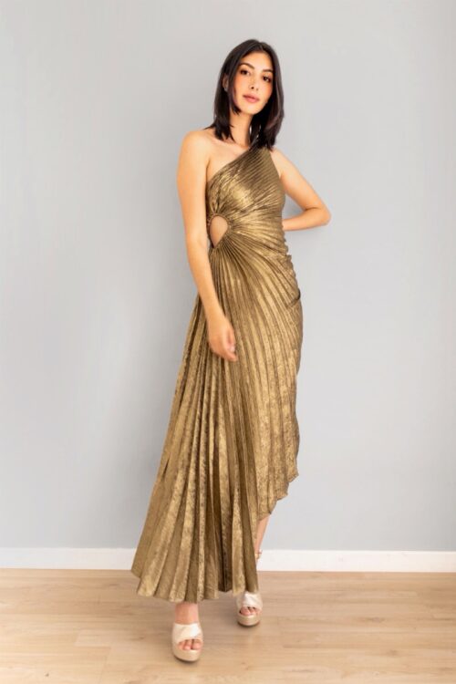 Vestido Plisado Recogido Lateral Dorado