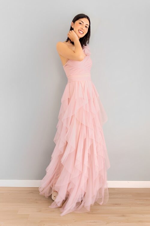 Vestido En Tul Asimetrico Falda Capas Palo De Rosa