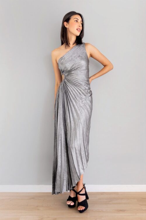 Vestido Plisado Recogido Lateral Plateado