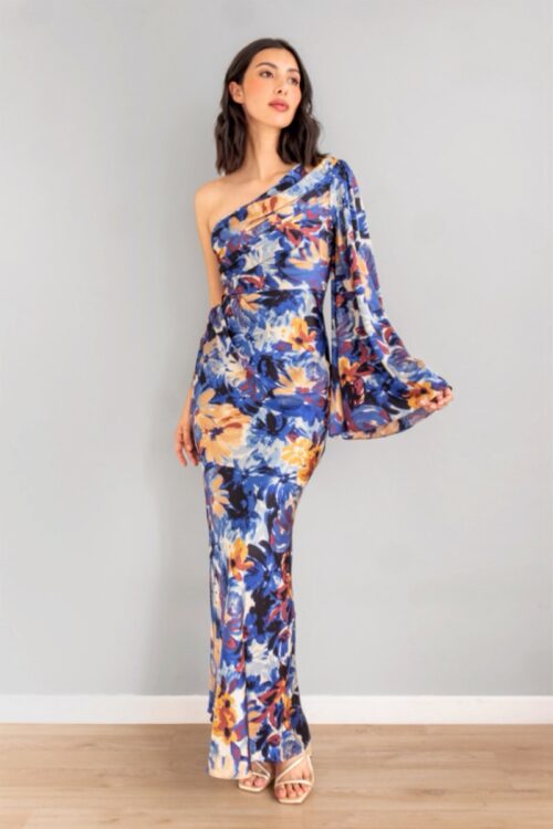 Vestido Una Manga Amplia Print Fondo Azul
