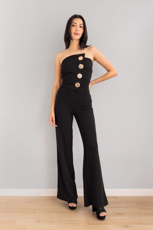 Enterizo Negro Strapless Boton Dorado