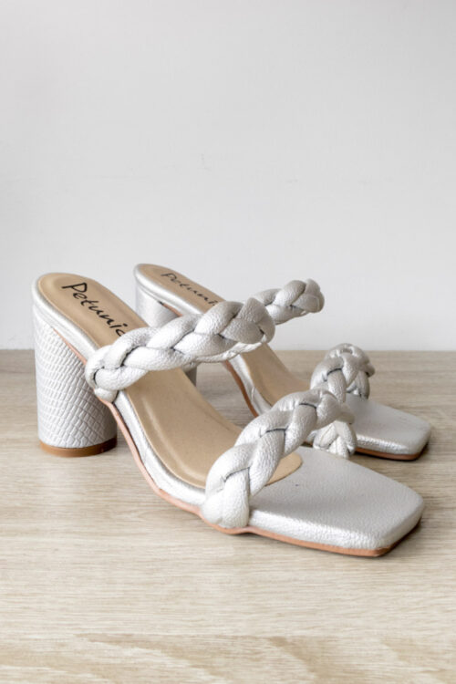 Sandalias Tacon Redondo Trenzadas Plateado