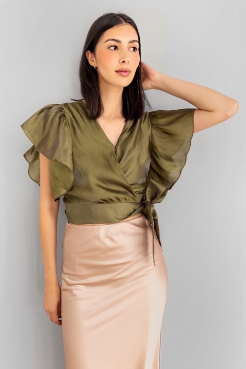 Blusa Cruzada Mangas Volantes Olivo