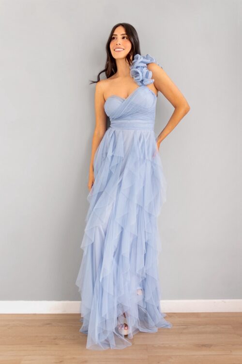Vestido En Tul Asimetrico Falda Capas Celeste