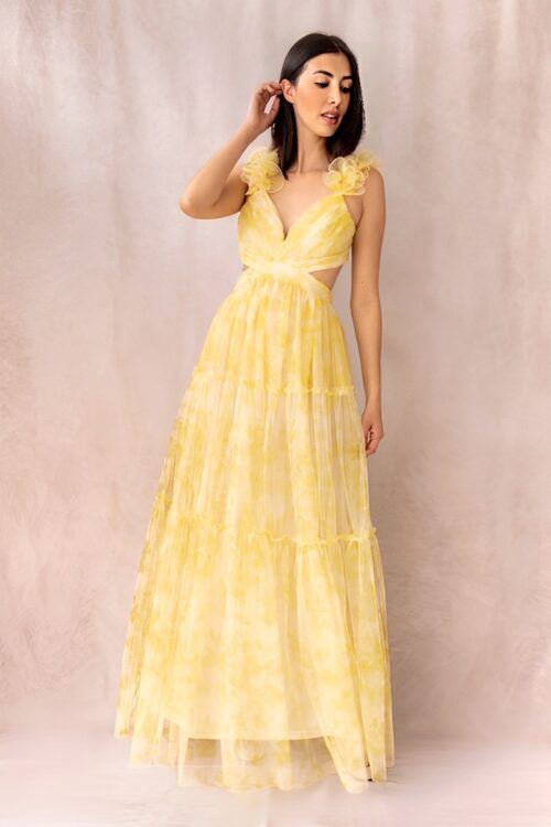 Vestido Aberturas Laterales En Tul Flores Amarillo