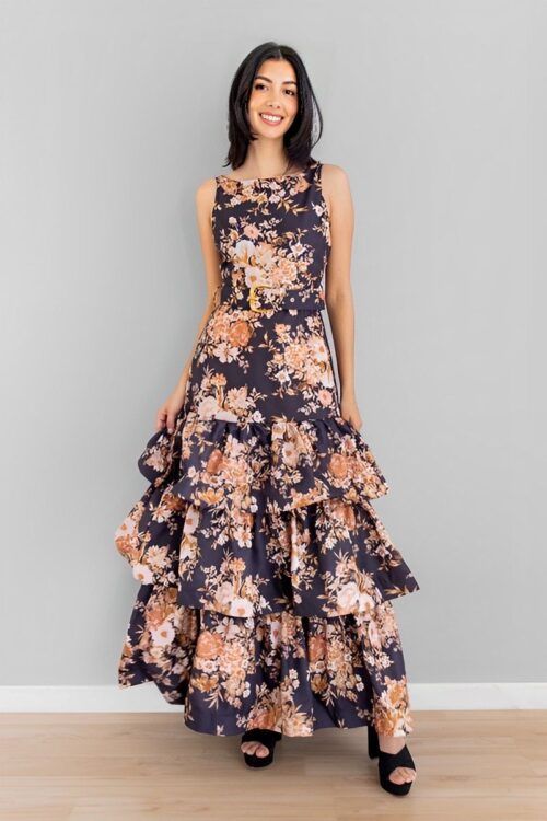 Vestido Floral Fondo Oscuro Falda Capas