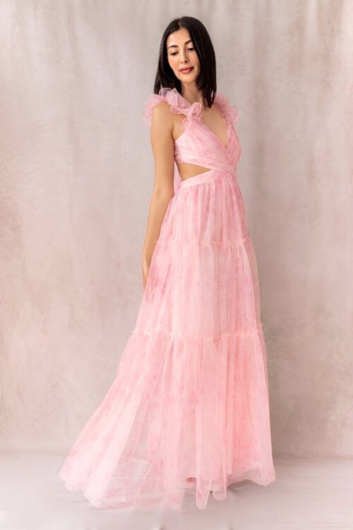 Vestido Aberturas Laterales En Tul Flores Rosado