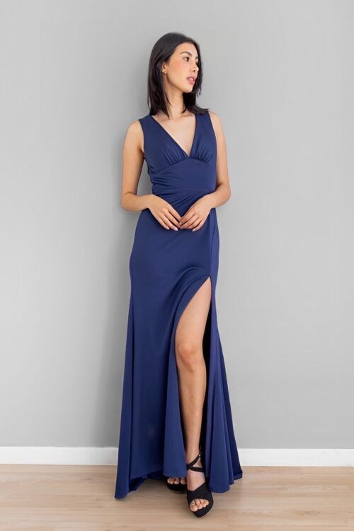 Vestido Sirena Escote V Azul