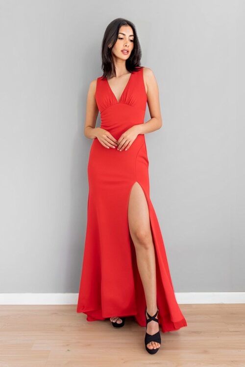 Vestido Sirena Escote V Rojo