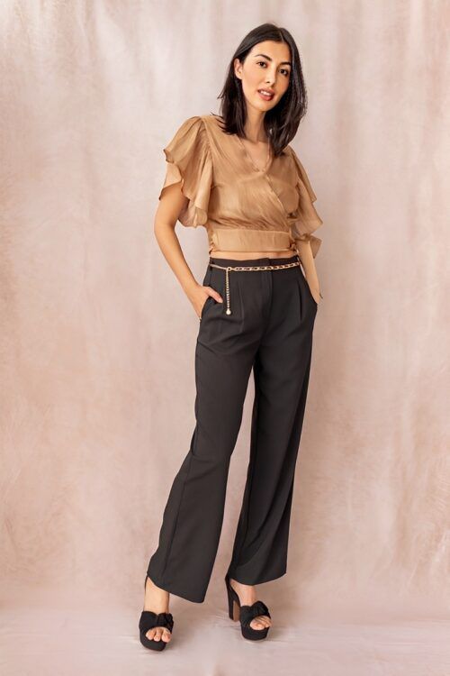 Pantalon Palazzo Con Cadena Negro