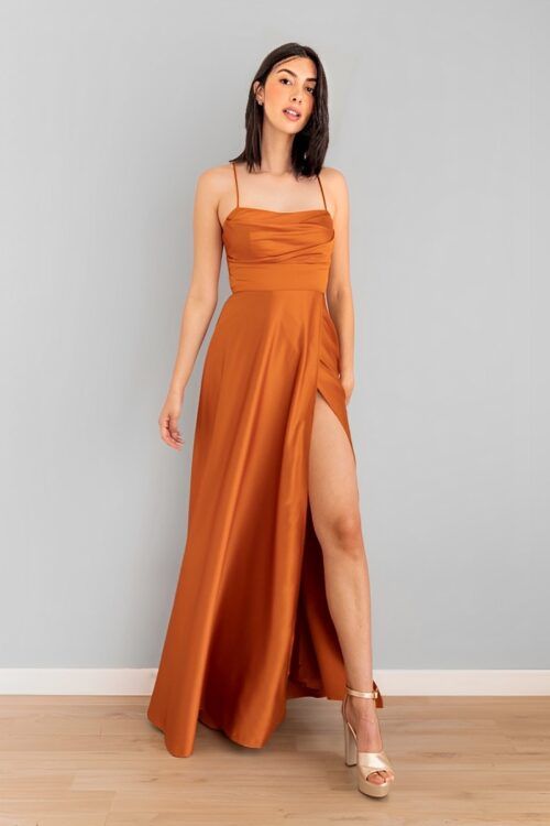 Vestido Top Drapeado Falda En A Cobre