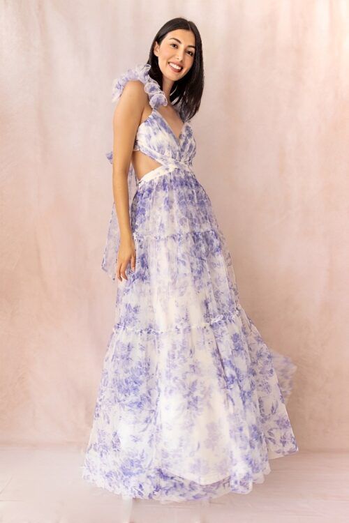 Vestido Aberturas Laterales En Tul Flores Azul
