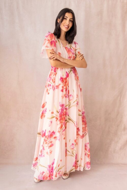 Vestido En Velo Manga Vuelo Flores Rosa
