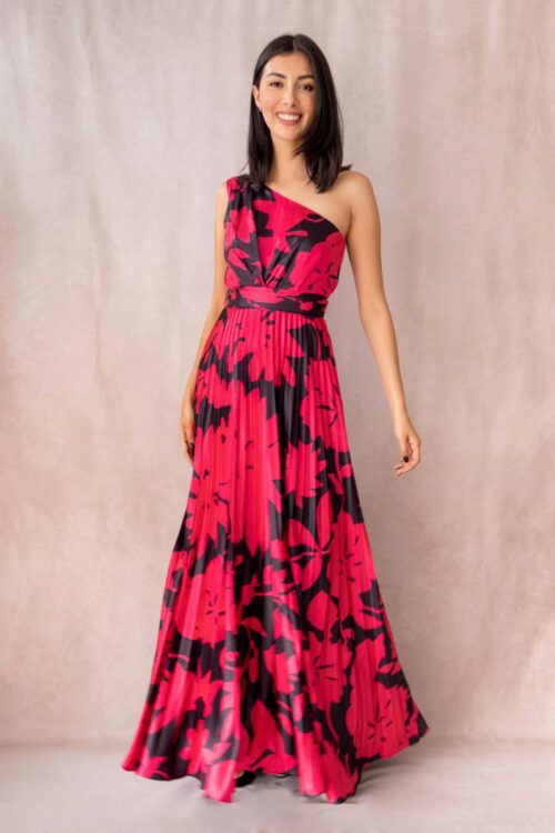 Vestido Asimetrico Falda Plisada Print Fucsia