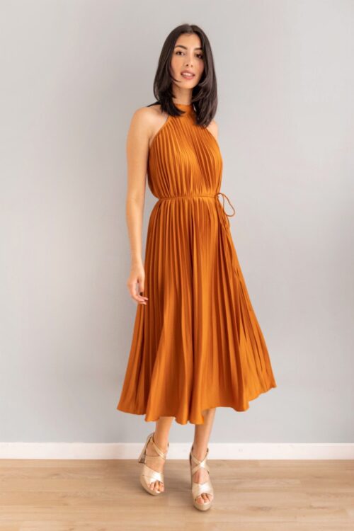 Vestido Escote Halter Plisado Lazo Cobre