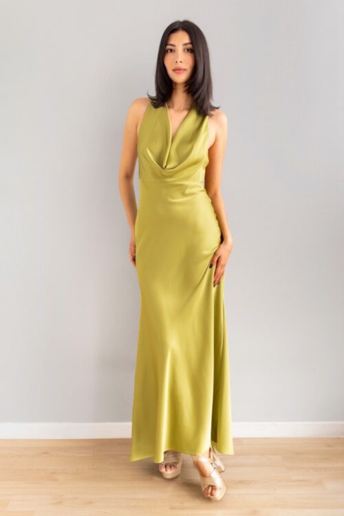 Vestido Escote Caido En Satin Pistacho