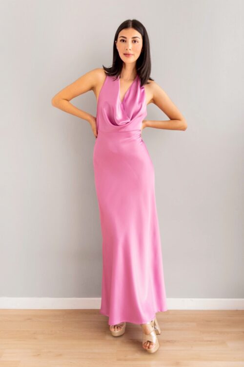 Vestido Escote Caido En Satin Rosado