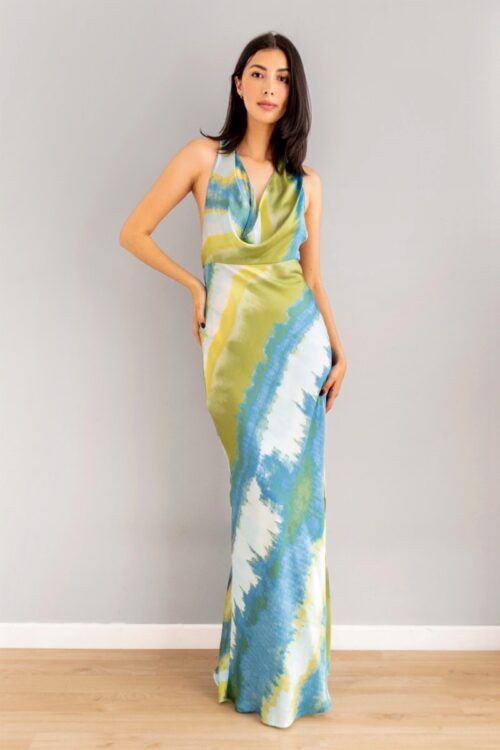 Vestido Escote Caido Print Azul Con Verde