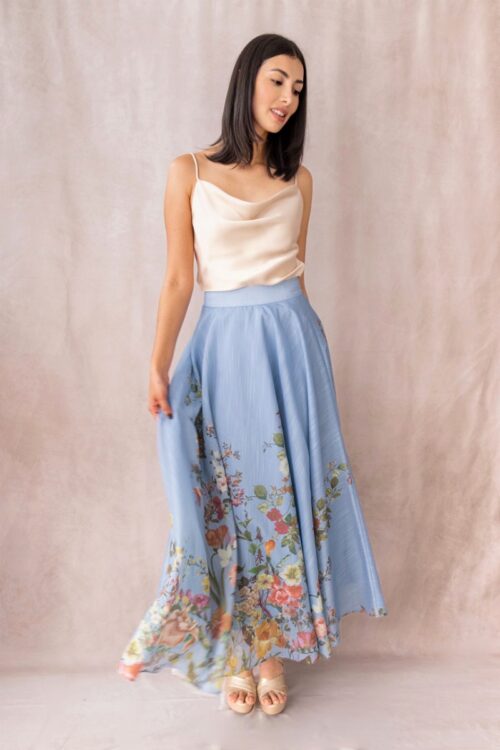 Falda Larga Print Floral Celeste