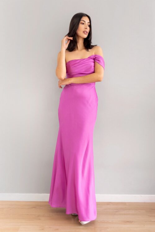 Vestido Ajustado Top Drapeado Asimetrico Magenta