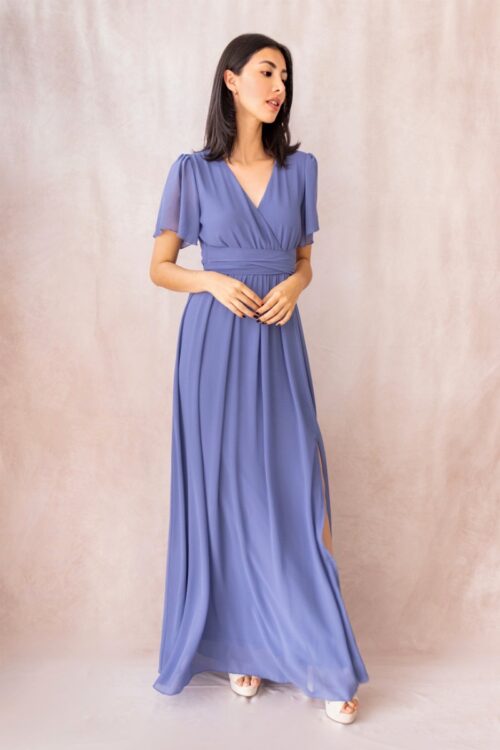Vestido En Velo Manga Vuelo Azul Cielo
