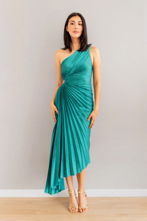 Vestido Plisado Recogido Lateral Verde