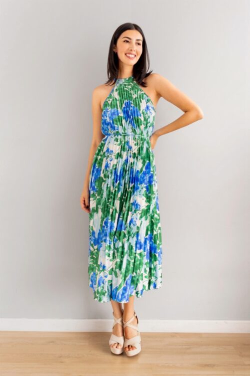 Vestido Escote Halter Plisado Lazo Print Azul