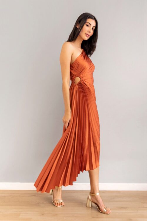 Vestido Plisado Recogido Lateral Terracota