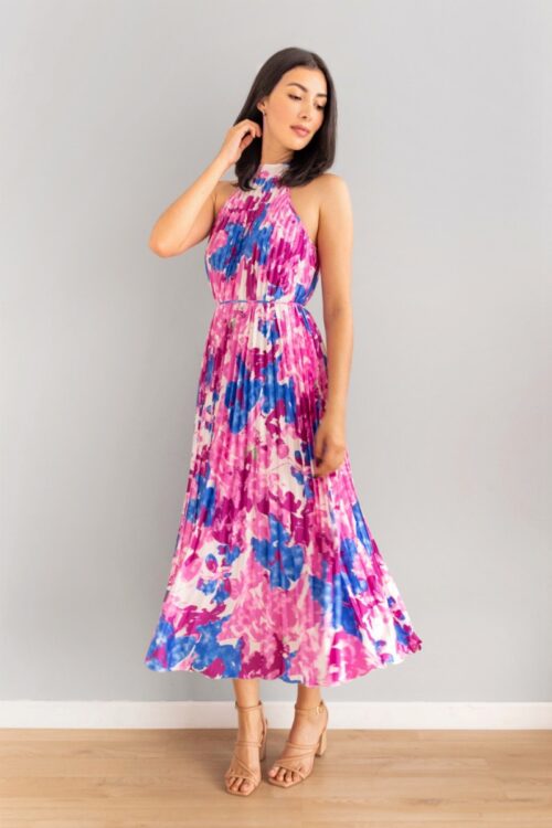Vestido Escote Halter Plisado Lazo Print Rosado