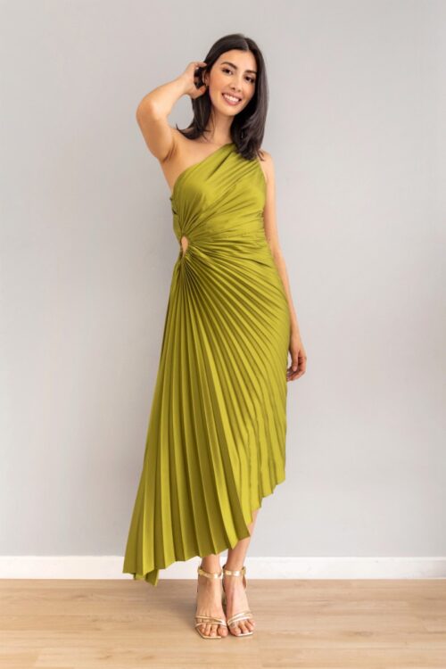 Vestido Plisado Recogido Lateral Olivo