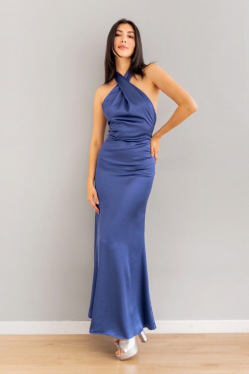 Vestido En Satin Halter Cruzado Azul