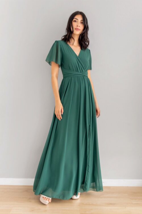 Vestido en Velo Manga en Vuelo Corta Verde