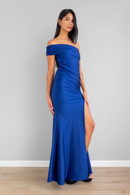 Vestido Asimetrico Escote Bandeja Azul Noche