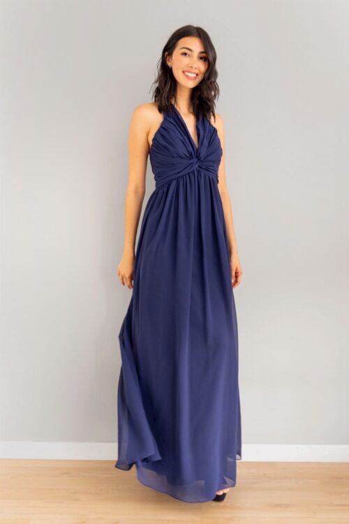 Vestido Escote V Drapeado Azul Noche