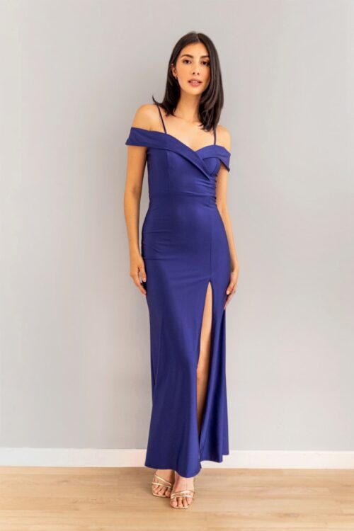 Vestido Escote Bandeja Cruzado Azul Noche