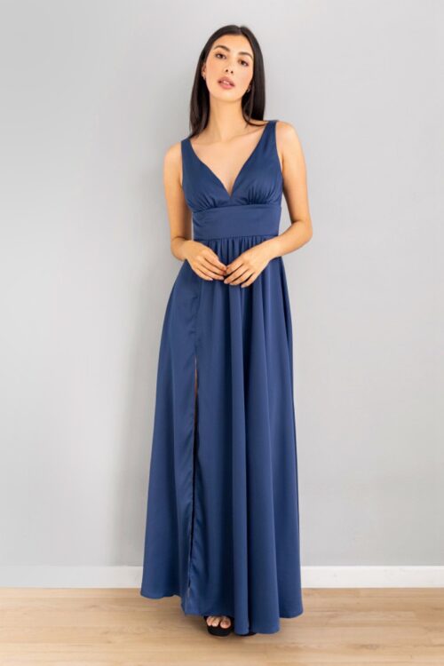 Vestido Escote V Con Fajon Azul