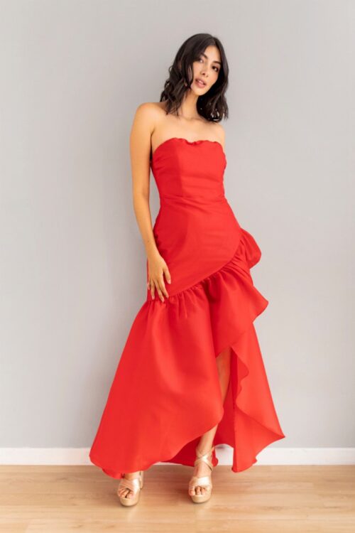 Vestido Strapless Falda Volante Drapeado Rojo