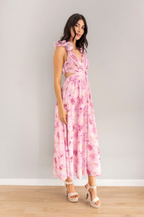Vestido Corte Cintura Flores Lila