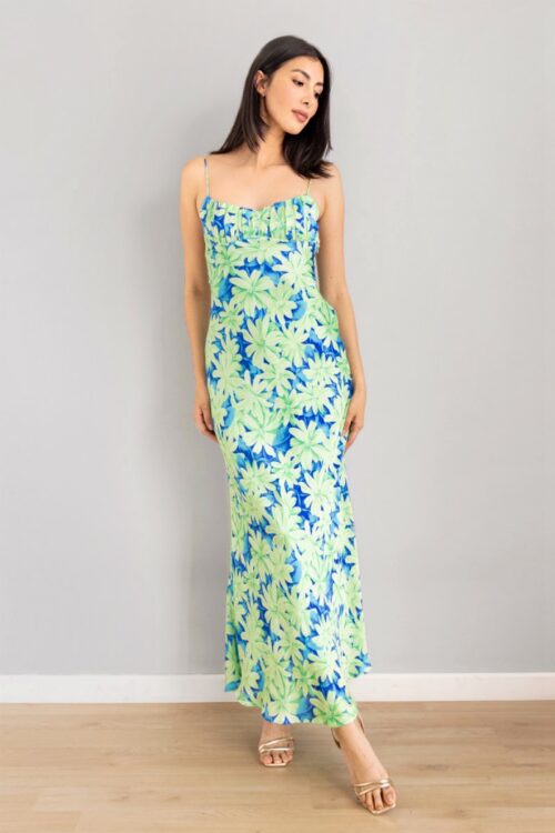Vestido Flores Azul Con Verde