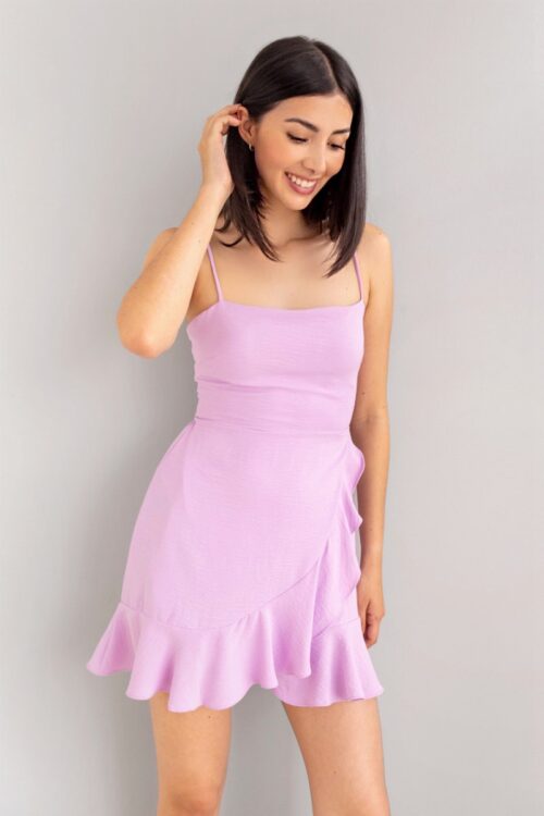 Vestido Corto Lazo Espalda y Falda Cruzada Lila